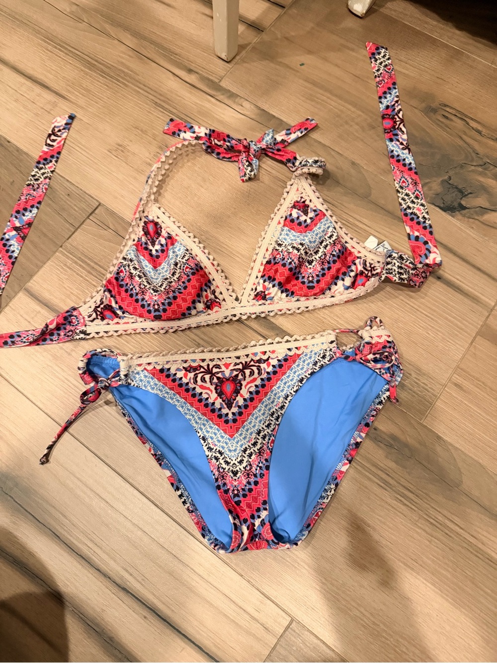 Becca Crochet-Trim Printed Bikini Set in Coral & Blue